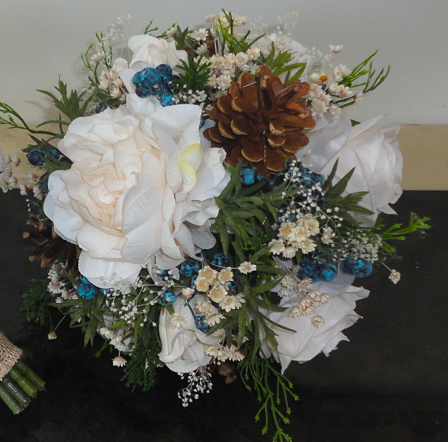 Cream Peony & Rose Bridesmaid Bouquet With Pine Cones